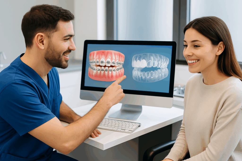 Paciente revisando tipos de ortodoncia con un ortodoncista